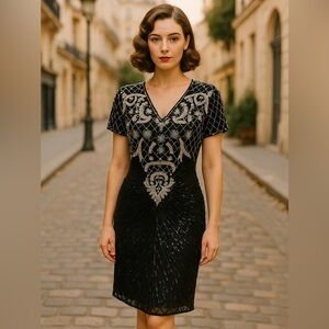 Vintage 100% SILK Denise Elle black white sequin dress floral